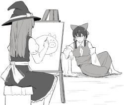 Rule 34 | 2girls, bad id, bad twitter id, between breasts, bow, breasts, closed mouth, commentary, cookie (touhou), detached sleeves, drawing, easel, english commentary, frilled skirt, frills, full body, greyscale, hair bow, hair tubes, hakurei reimu, hat, hat bow, holding, holding pencil, kirisame marisa, large breasts, long hair, looking at another, monochrome, multiple girls, necktie, necktie between breasts, ohasi, pencil, pig, plump, puffy short sleeves, puffy sleeves, reu (cookie), shirt, short hair with long locks, short sleeves, sidelocks, sitting, skirt, sleeveless, sleeveless shirt, touhou, uzuki (cookie), vest, witch hat