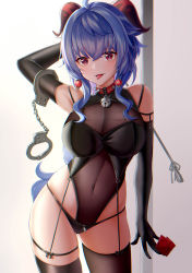 Rule 34 | 1girl, :p, absurdres, aicas, arm up, bad id, bad pixiv id, bare shoulders, bell, black gloves, black panties, black thighhighs, blue hair, breasts, cleavage, collar, condom, covered navel, cowboy shot, crossed bangs, cuffs, elbow gloves, ganyu (genshin impact), genshin impact, gloves, goat horns, handcuffs, highres, horns, large breasts, leotard, long hair, looking at viewer, neck bell, o-ring, panties, parted lips, pole, purple eyes, red collar, skindentation, sleeveless, smile, thighhighs, tongue, tongue out, underwear, very long hair, zipper panties
