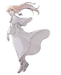 1girl alternate_costume boots brown_footwear capelet cross cross_necklace dress elhaym_van_houten full_body glint highres jewelry long_hair looking_back michibata_65 necklace orange_hair simple_background smile solo white_background white_capelet white_dress xenogears