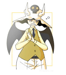 Rule 34 | 1boy, expressionless, fat, formal, gloves, hand on own hip, hat, horns, looking to the side, male focus, necktie, aged up, one piece, saldeath, skull, solo, suit, wings, yellow eyes