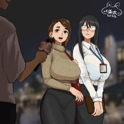 Rule 34 | 1boy, 2girls, bag, blush, breasts, brown hair, embarrassed, glasses, gutaigutai, highres, holding, holding microphone, large breasts, looking at viewer, medium hair, microphone, multiple girls, open mouth, original, shoulder bag, smile, sweat