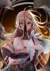 Rule 34 | 1girl, absurdres, alternate costume, backlighting, book, breasts, brown eyes, brown hair, commentary, crossed bangs, dagger, english commentary, floating, floating book, floating hair, floating object, flying paper, hair down, highres, holding, holding dagger, holding knife, holding weapon, hololive, hololive english, knife, long hair, medium breasts, multicolored hair, myo-zin, nanashi mumei, one breast out, paper, solo, streaked hair, toga, very long hair, virtual youtuber, weapon
