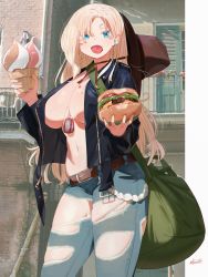 Rule 34 | 1girl, bag, belt, blonde hair, blue eyes, breasts, burger, day, denim, dog tags, earrings, fast food, food, food on body, food on breasts, food on face, hair over one eye, highres, holding, holding food, jacket, jeans, jewelry, large breasts, long hair, long sleeves, looking at viewer, miami-chan (ryusei hashida), navel, no bra, open clothes, open jacket, open mouth, original, outdoors, pants, photo background, ryusei hashida, shoulder bag, skin tight, smile, solo, standing, stomach, tongue, tongue out, torn clothes, torn jeans, torn pants, unzipped, very long hair, zipper, zipper pull tab