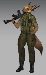 Rule 34 | 1boy, animal ears, animal nose, assault rifle, black footwear, blonde hair, blue eyes, boots, cigarette, closed mouth, facepaint, furry, furry male, gradient background, green pants, green shirt, green vest, grey background, gun, half-closed eyes, hand in pocket, hand up, highres, holding, holding gun, holding weapon, male focus, mouth hold, original, pants, pocket, pouch, rifle, shirt, short hair, short sleeves, simple background, sleeves rolled up, smoke, smoking, snout, solo, tactical clothes, tail, uyu (soda uyu), vest, walkie-talkie, watch, weapon, wristwatch