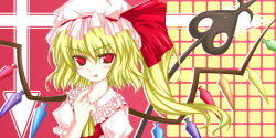 Rule 34 | 1girl, blonde hair, female focus, flandre scarlet, hat, laevatein, mob cap, one side up, red eyes, ribbon, side ponytail, solo, tongue, touhou, wings