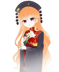 Rule 34 | 1girl, belt, bow, brown belt, chinese clothes, crescent, crying, dress, eyes visible through hair, flower, grey dress, grey hat, grey sleeves, hair between eyes, hands up, hat, junko (touhou), lily (flower), long hair, long sleeves, looking at viewer, orange hair, pom pom (clothes), red eyes, red vest, simple background, solo, standing, tears, teeth, touhou, umi (nana spring), vest, white background, yellow bow, yellow neckwear