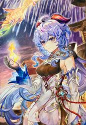 Rule 34 | 1girl, absurdres, black gloves, blue hair, breasts, colored pencil (medium), cowlick, dated, detached sleeves, dress, ganyu (genshin impact), genshin impact, gloves, highres, horns, long hair, looking down, making-of available, medium breasts, open hand, p art (p art7), purple eyes, sidelocks, smile, solo, traditional media, very long hair, white dress