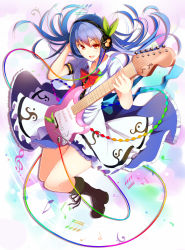 Rule 34 | 1girl, bass clef, beamed quavers, blouse, blue hair, blush, boots, bow, gradient background, guitar, headphones, hinanawi tenshi, instrument, long hair, looking at viewer, musical note, nakaichi (ridil), open mouth, puffy short sleeves, puffy sleeves, quaver, red bow, red eyes, shirt, short sleeves, smile, solo, touhou, treble clef, white shirt