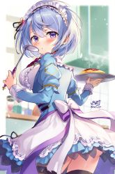 Rule 34 | 1girl, absurdres, artist name, ass, blue hair, blush, breasts, commentary request, flower knight girl, food, from behind, highres, indoors, ipheion (flower knight girl), kitchen, ladle, large breasts, long sleeves, looking at viewer, looking back, maid, maid headdress, omelet, omurice, piyoyanagi, purple eyes, short hair, solo, thighhighs, twitter username