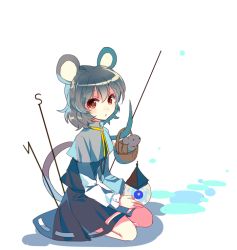 Rule 34 | 1girl, animal, animal ears, bad id, bad twitter id, basket, bishamonten&#039;s pagoda, blush, capelet, dowsing rod, grey hair, jewelry, long sleeves, looking at viewer, mouse (animal), mouse ears, mouse tail, nazrin, necklace, nr (cmnrr), parted lips, red eyes, shirt, short hair, simple background, sitting, skirt, skirt set, solo, tail, touhou, vest, white background