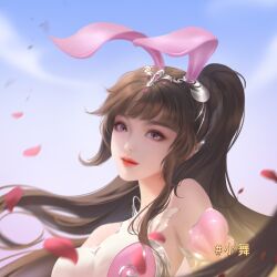 Rule 34 | 1girl, absurdres, animal ears, bare shoulders, blue sky, brown hair, closed mouth, douluo dalu, dress, falling petals, glint, green n, hair ornament, head tilt, highres, long hair, petals, pink dress, pink eyes, ponytail, rabbit ears, second-party source, sky, smile, solo, upper body, xiao wu (douluo dalu)