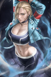 Rule 34 | 1girl, arms up, artist name, blonde hair, breasts, cammy white, capri pants, choker, cleavage, english text, facial scar, green eyes, hair between eyes, highres, jacket, large breasts, looking at viewer, midriff, navel, open clothes, open jacket, open mouth, pants, realistic, scar, scar on cheek, scar on face, short hair, smile, sports bra, street fighter, street fighter 6, wtparadise