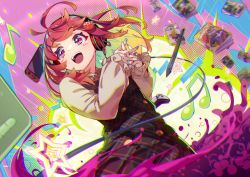 Rule 34 | + +, 1girl, antenna hair, beamed eighth notes, blue nails, blush, brown hair, brown shirt, cable, chromatic aberration, controller, dress, dualshock, eighth note, eva mashiro, explosion, floating hair, food-themed hair ornament, game controller, gamepad, hair ornament, headphones, highres, long hair, long sleeves, manga (object), musical note, nail polish, nintendo switch, open mouth, original, own hands together, pinafore dress, playstation controller, puffy long sleeves, puffy sleeves, purple eyes, shirt, sleeveless dress, smile, solo, star (symbol), star in eye, strawberry hair ornament, stylus, symbol in eye, teeth, tongue, upper body, upper teeth only