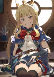 Rule 34 | 1girl, backlighting, belt, black thighhighs, blonde hair, blue cape, blue skirt, blush, book, bow, bracelet, breasts, brooch, cagliostro (dark) (granblue fantasy), cagliostro (granblue fantasy), cape, cleavage, commentary request, granblue fantasy, grin, hinami (hinatamizu), jewelry, long hair, looking at viewer, purple eyes, red bow, revision, shirt, sidelocks, sitting, skirt, small breasts, smile, solo, test tube, thighhighs, tiara, white shirt, window