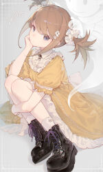 Rule 34 | 1girl, black footwear, blue eyes, boots, brown hair, closed mouth, commentary request, cross-laced footwear, dated, dress, frilled dress, frills, grey background, hand up, highres, hugging own legs, lace-up boots, linfi-muu, looking at viewer, original, puffy short sleeves, puffy sleeves, short sleeves, sidelocks, signature, socks, solo, twintails, white socks, yellow dress