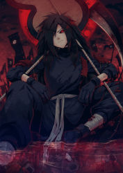 Rule 34 | 1boy, armor, banner, belt, black hair, gloves, holding, holding weapon, long hair, looking at viewer, male focus, naruto, naruto (series), red armor, red eyes, retpa, skull, solo, spiked hair, uchiha madara, weapon