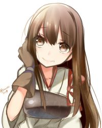 Rule 34 | 10s, 1girl, akagi (kancolle), brown eyes, brown hair, gloves, highres, japanese clothes, kantai collection, long hair, md5 mismatch, muneate, resized, smile, solo, temari (deae)