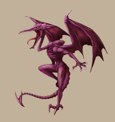 Rule 34 | claws, dragon, fangs, metroid, nintendo, no humans, oori, ridley, simple background, solo, tail, tongue, wings, yellow eyes