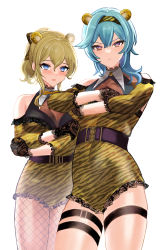Rule 34 | 2girls, :&lt;, @ @, absurdres, alternate costume, animal ears, animal print, bad id, bad pixiv id, bare shoulders, belt, black belt, black gloves, blonde hair, blue eyes, blue hair, blush, breasts, buckle, cleavage, closed mouth, clothing cutout, collarbone, commentary, crossed arms, embarrassed, eula (genshin impact), eyelashes, fake animal ears, feet out of frame, fishnet legwear, fishnets, genshin impact, gloves, hair ribbon, hairband, highres, holding own arm, jean (genshin impact), lace, lace-trimmed gloves, lace trim, large breasts, long hair, looking at viewer, multiple girls, open mouth, ponytail, purple eyes, ribbon, serious, shoulder cutout, sidelocks, sigggrain, simple background, standing, sweatdrop, symbol-only commentary, thigh strap, thighs, tiger ears, tiger print, white background, wing collar, yellow hairband, yellow ribbon
