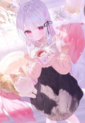 Rule 34 | 1girl, ahoge, animal, black skirt, blush, braid, cardigan, cat, chain, chain necklace, character request, copyright request, couch, cup, hair ribbon, highres, holding, holding cup, indie utaite, indoors, jewelry, long hair, mug, multicolored hair, necklace, off shoulder, red eyes, ribbon, rin31153336, sitting, skirt, smile, solo, streaked hair, sunlight, teacup, utaite