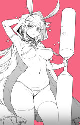 Rule 34 | 1girl, animal ears, armpits, baekto (last origin), blunt bangs, cain (gunnermul), cloak, closed mouth, covered navel, crescent, elbow gloves, gloves, greyscale, greyscale with colored background, heart, highres, holding, holding weapon, hood, hood up, hooded cloak, last origin, long hair, monochrome, navel, panties, pink background, rabbit ears, simple background, solo, sparkle, thighhighs, underwear, w, w over eye, weapon