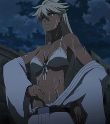 Rule 34 | 10s, 1girl, akame ga kill!, bare shoulders, poking belly, belt, bikini, bikini top only, blonde hair, breasts, building, cleavage, cloud, cloudy sky, dark skin, dark-skinned female, female focus, finger in navel, from below, front-tie bikini top, front-tie top, green eyes, hair down, hand on own hip, long hair, looking to the side, mez (akame ga kill!), navel, night, night sky, off shoulder, open clothes, pants, screencap, sky, smile, solo, standing, stitched, sweat, swimsuit, third-party edit, upper body, white bikini
