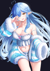 Rule 34 | 1girl, absurdres, ahoge, blue hair, blue nails, breasts, camisole, cleavage, elf, frills, heart, heart-shaped pupils, heart ahoge, highres, hololive, jacket, large breasts, long hair, messy hair, midriff, navel, one eye closed, open clothes, open jacket, open mouth, pointy ears, rubbing eyes, solo, striped clothes, striped jacket, symbol-shaped pupils, transparent background, very long hair, virtual youtuber, votato, white camisole, yellow eyes, yukihana lamy