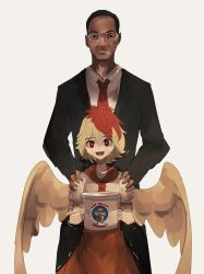 Rule 34 | 1boy, 1girl, bird, bird wings, black suit, blonde hair, breaking bad, bright pupils, brown eyes, chicken, collared shirt, cropped legs, dark-skinned male, dark skin, dress, expressionless, formal, glasses, gustavo fring, hair between eyes, hands on another&#039;s shoulders, height difference, highres, holding, logo, long sleeves, looking at viewer, loose necktie, los pollos hermanos, multicolored hair, naufaldreamer, necktie, nervous, nervous smile, niwatari kutaka, old, old man, open mouth, orange dress, puffy short sleeves, puffy sleeves, red eyes, red hair, red necktie, shirt, short sleeves, simple background, smile, solo, standing, suit, sweat, nervous sweating, teeth, touhou, trembling, two-tone hair, white background, white pupils, white shirt, wings, yellow wings