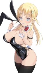 Rule 34 | 1girl, :o, alternate costume, animal ears, bare shoulders, black leotard, black thighhighs, blonde hair, blue eyes, bow, bowtie, breasts, cleavage, detached collar, fake animal ears, fake tail, hachimiya meguru, hair ornament, hairclip, highres, hiiragi ken, holding, idolmaster, idolmaster shiny colors, large breasts, leotard, long hair, looking at viewer, low twintails, rabbit ears, rabbit tail, red bow, red bowtie, simple background, solo, tail, thighhighs, thighs, twintails, white background
