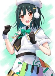 Rule 34 | 1girl, beret, black gloves, blush, bow, capelet, colorful dreams! colorful smiles! (love live!), commentary request, dress, earmuffs, fang, gloves, green bow, green hair, hair ribbon, hat, highres, katanashi (ktnsh popu), looking at viewer, love live!, love live! nijigasaki high school idol club, mifune shioriko, open mouth, piano print, red eyes, ribbon, short hair, solo, standing, upper body, white capelet, white dress, white hat, yellow ribbon