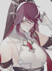 Rule 34 | 1girl, 4lan, absurdres, bare shoulders, breasts, claws, elbow gloves, frown, genshin impact, glaring, gloves, hand in own hair, highres, looking at viewer, medium breasts, nun, pale skin, purple eyes, purple hair, rosaria (genshin impact), solo, swept bangs, upper body, veil, white gloves