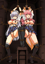 Rule 34 | 2girls, anastasia (fate), animal ear fluff, animal ears, anus, arms up, ass, bdsm, belt collar, black legwear, blue eyes, blue skirt, blush, bondage, bound, bound legs, bound wrists, bow, bowtie, breasts, censored, collar, collared shirt, fate/grand order, fate (series), fox ears, fox tail, grey hair, hairband, hands up, highres, knee up, kojima saya, large breasts, long hair, long sleeves, mosaic censoring, multiple girls, nipple clamps, nipples, official alternate costume, open mouth, pink hair, plaid, plaid skirt, pleated skirt, pussy, red bow, red neckwear, restrained, rope, school uniform, shibari, shirt, short sleeves, skirt, tail, tamamo (fate), tamamo no mae (fate/extra), tamamo no mae (jk) (fate), thighhighs, tiptoes, very long hair, white shirt, wing collar, yellow eyes
