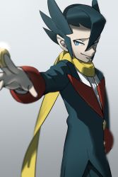 Rule 34 | 1boy, black hair, black jacket, blue eyes, blurry, buttons, closed mouth, coin, commentary request, creatures (company), game freak, gradient background, grey background, grimsley (pokemon), gyakumushi, hair between eyes, highres, holding, holding coin, jacket, looking to the side, male focus, nintendo, outstretched arm, pokemon, pokemon bw, scarf, shirt, short hair, smile, solo, spiked hair, white shirt, yellow scarf