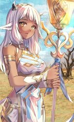 Rule 34 | 1girl, animal ear piercing, animal ears, ash (fire emblem), bare tree, black horns, blue sky, breasts, cloud, cow ears, cow girl, cow tail, dark-skinned female, dark skin, day, dress, eyelashes, fingernails, fire emblem, fire emblem heroes, fuussu (21-kazin), gold hairband, gold trim, hairband, holding, holding staff, horns, jewelry, long hair, medium breasts, neck ring, nintendo, open mouth, outdoors, sky, sleeveless, sleeveless dress, small horns, solo, staff, tail, tree, white hair, white tail, yellow eyes