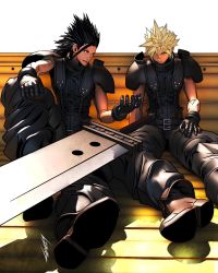 Rule 34 | 2boys, armor, baggy pants, belt, black gloves, blue shirt, boots, brown footwear, buster sword, closed mouth, cloud strife, crisis core final fantasy vii, final fantasy, final fantasy vii, full body, gloves, hair between eyes, hair slicked back, highres, ldawb, looking at another, looking down, male focus, medium hair, motor vehicle, multiple belts, multiple boys, open mouth, pants, pickup truck, shirt, short hair, shoulder armor, signature, sitting, sleeveless, sleeveless turtleneck, smile, spiked hair, talking, toned, toned male, truck, turtleneck, white background, zack fair