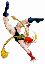 Rule 34 | 1990s (style), 1girl, ahoge, antenna hair, armor, artist request, bare shoulders, beret, boots, braid, cammy white, camouflage, capcom, combat boots, elbow gloves, fingerless gloves, gloves, handstand, hat, huge ahoge, leotard, long hair, low-tied long hair, muscular, official art, one arm handstand, red armor, red hat, retro artstyle, solo, street fighter, street fighter ii (series), thong leotard, twin braids, upside-down