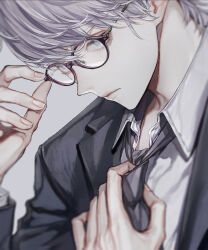 Rule 34 | 1boy, adjusting clothes, adjusting necktie, black-framed eyewear, blue eyes, blurry, blurry foreground, closed mouth, collared shirt, commentary request, dress shirt, fingernails, formal, glasses, grey hair, grey jacket, grey necktie, highres, jacket, koshika rina, lapels, long sleeves, looking at viewer, looking to the side, male focus, muted color, necktie, notched lapels, original, round eyewear, shirt, short hair, solo, suit, suit jacket, upper body, white background, white shirt