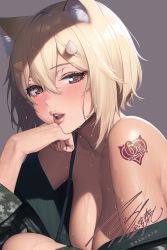 Rule 34 | 1girl, bare shoulders, blonde hair, blush, breasts, brown eyes, cleavage, destiny child, dripping, head rest, highres, horns, kim hyung tae, large breasts, lips, looking at viewer, milestone celebration, mona (destiny child), short hair, shoulder tattoo, sweat, sweatdrop, tattoo, thick lips, upper body