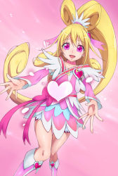 Rule 34 | 1girl, :d, aida mana, bike shorts, bike shorts under skirt, blonde hair, boots, bow, brooch, choker, cure heart, curly hair, dokidoki! precure, eyelashes, half updo, heart, heart brooch, knee boots, long hair, magical girl, open mouth, pink background, pink bow, pink eyes, pink footwear, ponytail, precure, shorts, shorts under skirt, skirt, smile, solo, sugarbeat