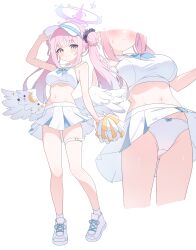 Rule 34 | 1girl, absurdres, alternate hairstyle, angel wings, blue archive, blush, breasts, cheerleader, closed mouth, double bun, feathered wings, hair bun, halo, highres, holding, holding pom poms, large breasts, long hair, looking at viewer, mika (blue archive), multiple views, navel, nonddu, panties, pink hair, pink halo, pleated skirt, pom pom (cheerleading), pom poms, shoes, simple background, skirt, smile, socks, twintails, underwear, white background, white footwear, white panties, white skirt, white socks, white wings, wings, yellow eyes