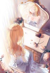 Rule 34 | 1girl, absurdres, back, bare back, blonde hair, breasts, canegouzi, chair, krista lenz, cleavage, closed eyes, collarbone, cross-laced clothes, curtains, dress, eyelashes, facing away, flower, from above, from behind, gloves, highres, indoors, long dress, long hair, medium breasts, mirror, own hands together, petals, pink flower, pink lips, pink rose, reflection, rose, rose petals, shingeki no kyojin, sitting, smile, solo, stool, strapless, strapless dress, sunlight, table, treasure chest, vanity table, wedding, wedding dress, white dress, white gloves