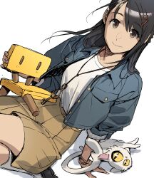 Rule 34 | 1girl, absurdres, arm support, black hair, blue jacket, bracelet, brown eyes, brown shorts, cat, closed mouth, collarbone, commentary, dutch angle, hair behind ear, hair between eyes, hair ornament, hairclip, haje, highres, iwato suzume, jacket, jewelry, key, long hair, looking at viewer, munakata souta, munakata souta (chair), open clothes, open jacket, shirt, shorts, simple background, single sidelock, smile, suzume&#039;s chair, suzume no tojimari, white background, white shirt