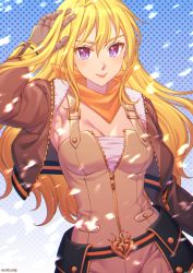 Rule 34 | 1girl, artist name, blonde hair, blue eyes, breasts, brown jacket, cleavage, closed mouth, floating hair, hair between eyes, highres, jacket, jumpsuit, kio rojine, long hair, long sleeves, looking at viewer, medium breasts, open clothes, open jacket, partially unzipped, prosthesis, prosthetic hand, rwby, smile, solo, tongue, tongue out, unzipped, upper body, very long hair, yang xiao long