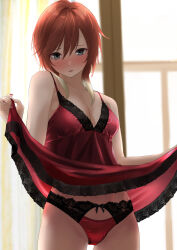 Rule 34 | 1girl, absurdres, aketa mikoto, babydoll, babydoll lift, backlighting, blonde hair, blue eyes, breasts, brown hair, collarbone, commentary request, commission, cowboy shot, curtains, hair between eyes, highres, idolmaster, idolmaster shiny colors, indoors, lifted by self, lingerie, looking at viewer, medium breasts, medium hair, multicolored hair, open mouth, panties, pixiv commission, red nails, red negligee, red panties, solo, tama (tamago), underwear, window