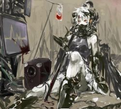 Rule 34 | .flow, 1girl, amplifier, bad id, bad pixiv id, blood, blood bag, bloody weapon, cyborg, gas mask, highres, intravenous drip, lead pipe, mask, monitor, prosthesis, red eyes, respirator, sabitsuki, shigure shou, sitting, solo, weapon, white hair