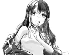 Rule 34 | 1girl, absurdres, bare shoulders, closed mouth, finger to mouth, fingernails, greyscale, highres, idolmaster, idolmaster shiny colors, kazano hiori, long hair, mole, mole under mouth, monochrome, off shoulder, simple background, sketch, smile, solo, unchiganiowanai, white background