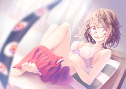 Rule 34 | 1girl, bare shoulders, barefoot, bed, bed sheet, blush, bow, bow bra, bra, breasts, brown hair, collarbone, commentary request, curtains, eyelashes, feet, fingernails, gap (touhou), knees, medium breasts, midorino eni, miniskirt, open mouth, pillow, pleated skirt, purple eyes, red eyes, red skirt, rimless eyewear, short hair, sitting, skirt, soles, solo, thighs, toenails, toes, touhou, underwear, undressing, usami sumireko, white bra, window