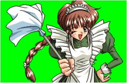 Rule 34 | 1990s (style), 1girl, alice soft, apron, braid, braided ponytail, brown eyes, brown hair, cleaning brush, green background, hand on own hip, lowres, maid, maid-san, maid apron, maid headdress, monster, monster girl, one eye closed, retro artstyle, striped blush, toushin toshi, toushin toshi ii, wink