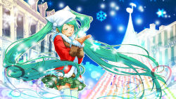 Rule 34 | 1girl, absurdres, closed eyes, female focus, green hair, hat, hatsune miku, highres, junji, long hair, night, outdoors, skirt, sky, snow, solo, thighhighs, twintails, very long hair, vocaloid