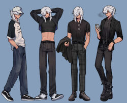 Rule 34 | 4boys, absurdres, alternate costume, belt, black jacket, black pants, black shirt, cellphone, closed mouth, crop top, cyno (genshin impact), dark-skinned male, dark skin, dherekim, genshin impact, glasses, hair between eyes, hair over one eye, hat, highres, holding, holding phone, jacket, jewelry, long hair, male focus, midriff, multicolored shirt, multiple boys, navel, necklace, pants, phone, ponytail, red eyes, shirt, shoes, smartphone, sneakers, stomach, t-shirt, white hair